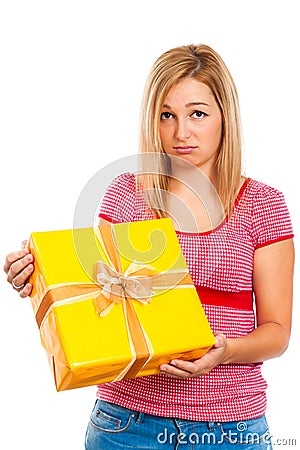 Disappointed woman with gift Stock Photo