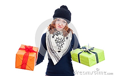 Disappointed woman with gifts Stock Photo