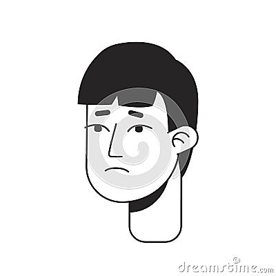 Disappointed young asian man with bang monochrome flat linear character head Vector Illustration