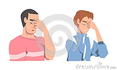 Disappointed Young Man and Woman Trying to Remember Something Feeling Frustration About Forgetting Things Vector Set Vector Illustration