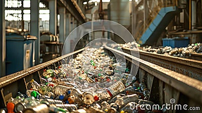 Disarrayed Train Track Overflowing With Bottles and Cans Stock Photo