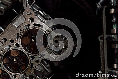 Disassembled car dirty engine cylinder at garage Stock Photo