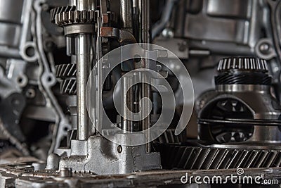 Disassembled car dirty engine and gear at garage Stock Photo