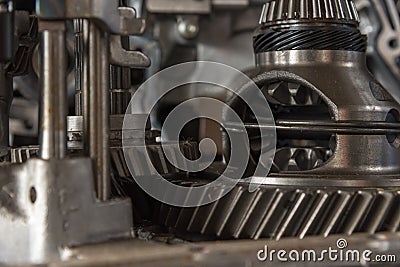 Disassembled car dirty engine and gear at garage Stock Photo