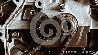 Disassembled car dirty engine and gear at garage Stock Photo