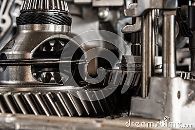 Disassembled car dirty engine and gear at garage Stock Photo