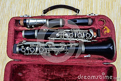 Disassembled clarinet in its case Stock Photo