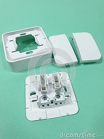 disassembled electric double switch on a green background. repair of home electrical wiring. Stock Photo