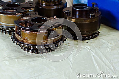 Disassembled gear parts with lubricated machine oil Stock Photo