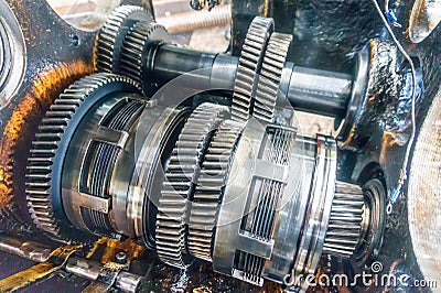 Disassembled gearbox for clutch repair and gears. Transmission for industrial machines and units disassembled Stock Photo