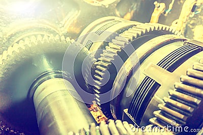 Disassembled gearbox for clutch repair and gears. Transmission for industrial machines and units disassembled Stock Photo
