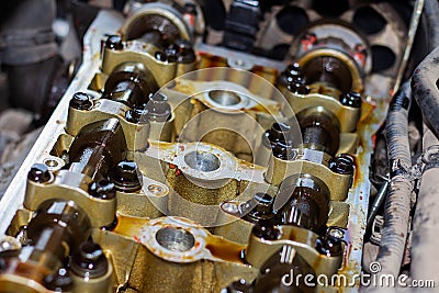 Disassembled internal combustion engine, close-up of the unit head, replacement of gaskets Stock Photo