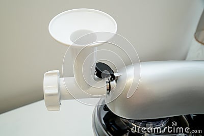 Disassembled multifunctional food processor on kitchen countertops. Modern Liquidiser Stock Photo