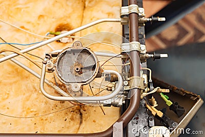 Disassembled old gas stove for cooking. repair of household appliances. Stock Photo