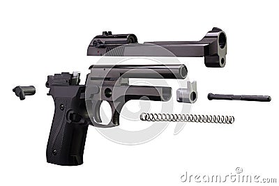 Disassembled pistol weapon. Isolated on white background Stock Photo