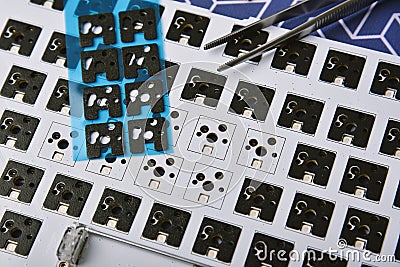 Disassembly mechanical keyboard, Modified custom keyboard with PCB switch pad stickers Stock Photo