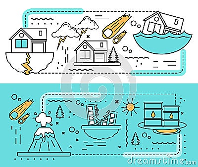 Disaster Damage Banner Set Vector Illustration