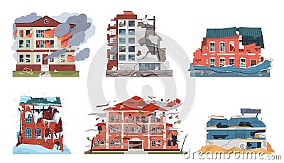 Disaster damages buildings. Different natural catastrophes, broken city destructive houses facades, earthquake, flood Vector Illustration