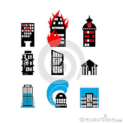 Disaster icon collection. Fire, earthquake and flood. Destroyed Vector Illustration