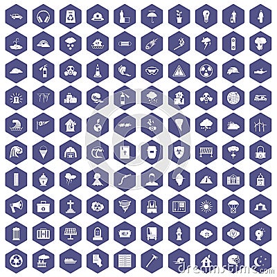 100 disaster icons hexagon purple Vector Illustration