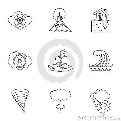 Disaster icons set, outline style Vector Illustration