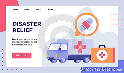 Disaster relief truck van carry medical device campaign for web website home homepage landing page template banner with Vector Illustration