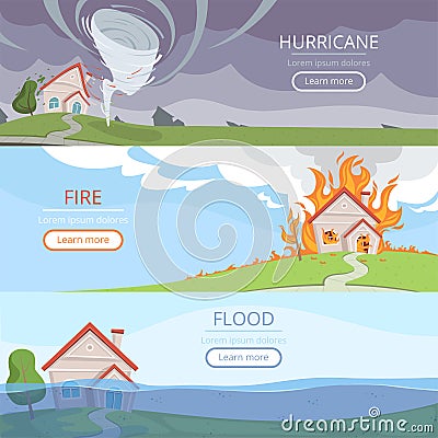 Disaster weather banners. Tsunami volcano wind storm rain house damage from lightening vector pictures with place for Vector Illustration