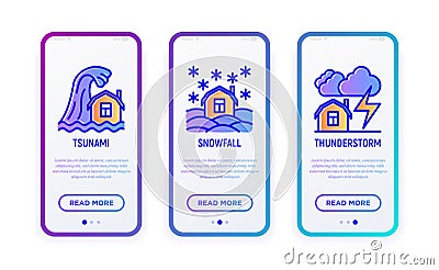 Disasters thin line icons set: tsunami, snowfall, thunderstorm. Vector illustration for user mobile interface Vector Illustration