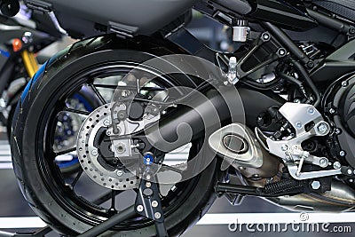 Disc brake of motorcycle's rear wheel Stock Photo