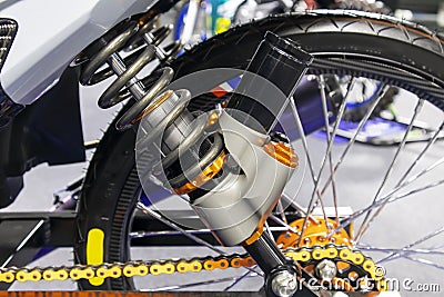 Disc brakes on a motorcycle up close alloy wheels for motorcycles robust steel wheel arches. Tires and wheels for motorcycles in Stock Photo