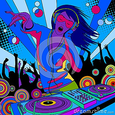 Disc jockey girl with a DJ mixer and people dancing at a party Vector Illustration