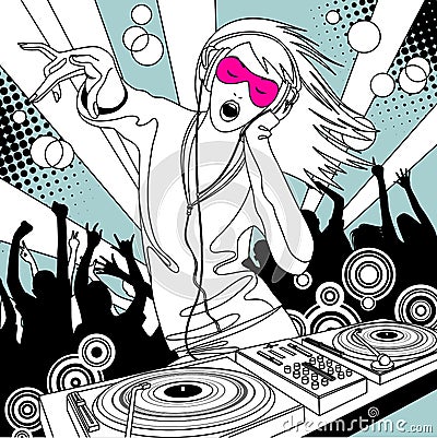 Disc jockey girl with a DJ mixer and people dancing at a party Vector Illustration