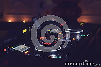 Disc Jockey mixing deck and turntables Stock Photo