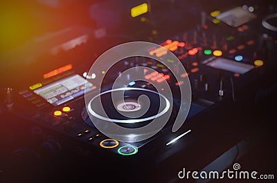 Disc Jockey mixing deck and turntables Stock Photo