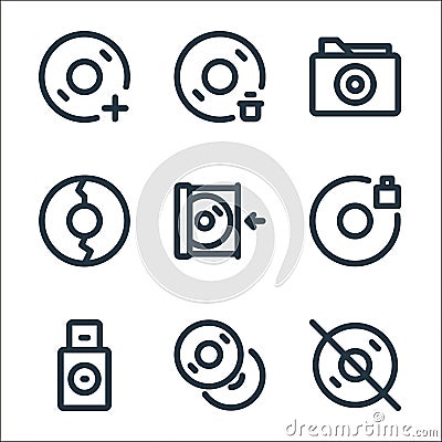 disc tool line line icons. linear set. quality vector line set such as disabled, copy, boot, lock, insert, error, folder, delete Vector Illustration
