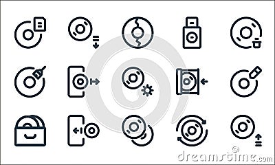 disc tool line line icons. linear set. quality vector line set such as insert, copy, archive, scan, import, format, insert, boot, Vector Illustration