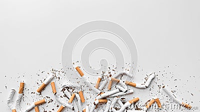 Discarded crushed broken cigarettes and scattered tobacco on white background, representing cessation and the end of Stock Photo