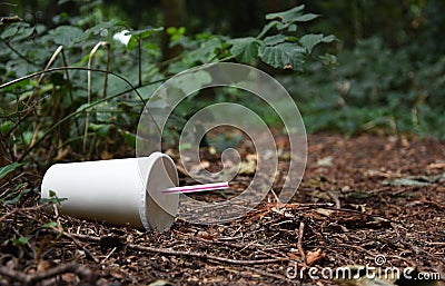 Discarded drinks container lying at the edge of a forest track Stock Photo