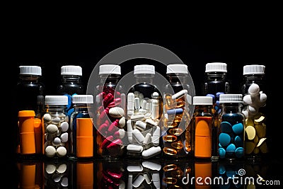 Discarded Empty pills bottles on table. Generate Ai Stock Photo