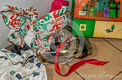 Discarded gift wrappings from Christmas celebrations Stock Photo