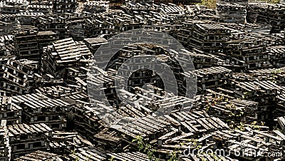 Discarded pile of wooden pallets Stock Photo