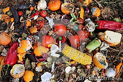 Discarded and spoiled food on a rubbish heap Stock Photo