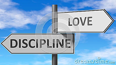 Discipline and love as a choice - pictured as words Discipline, love on road signs to show that when a person makes decision he Cartoon Illustration