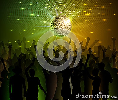 Disco ball background. Dancing people Vector Illustration