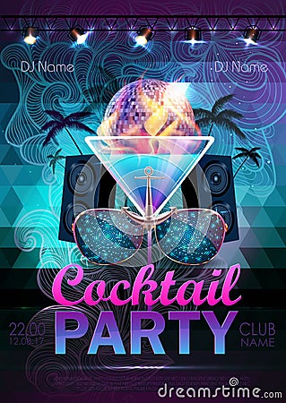 Disco ball background. Disco cocktail party poster on triangle b Vector Illustration