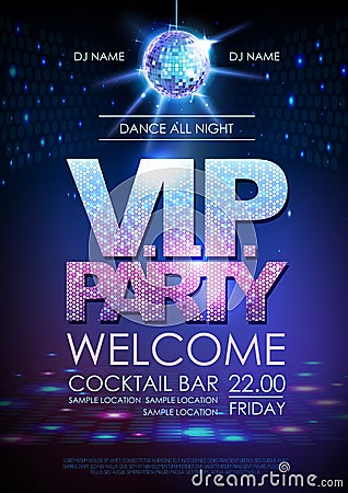 Disco ball background. Disco poster V.I.P. party. Neon Vector Illustration