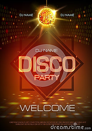 Disco ball background. Neon sign Disco party poster. Vector Illustration