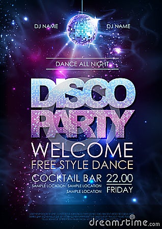 Disco ball background. Disco party poster on open space background Vector Illustration