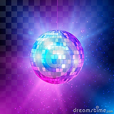 Disco ball with bright rays and bokeh. Music and dance night party background. Abstract night club retro background 80s. Vector Vector Illustration