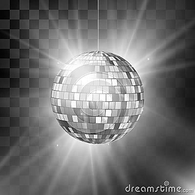 Disco ball with bright rays and bokeh. Music and dance night party background. Abstract night club retro background 80s and 90s. Vector Illustration